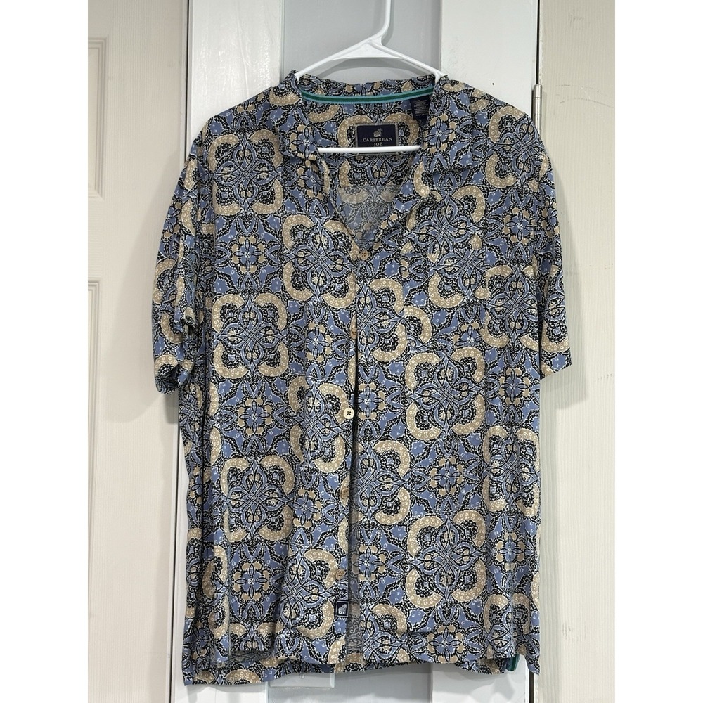 Caribbean Joe Men Button Front SHirt Blue Tan Short Sleeve